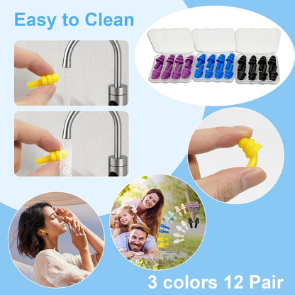 Reusable Silicone Ear Plugs for Sleeping – 12 Pairs Noise-Cancelling Earplugs (Black, Blue, Purple)