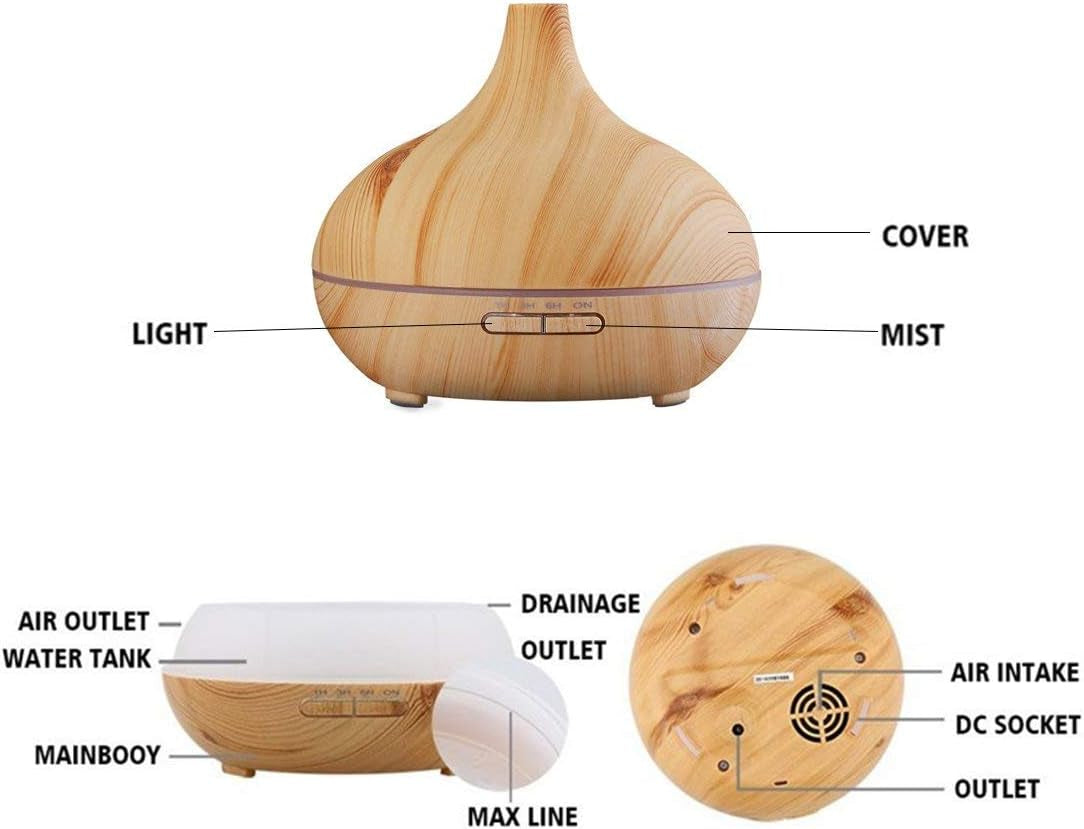 Aroma Essential Oil Diffuser – 500ML Wood Grain Ultrasonic Humidifier with Color-Changing LED Lights, 4 Timer Settings & Remote Control (Brown)