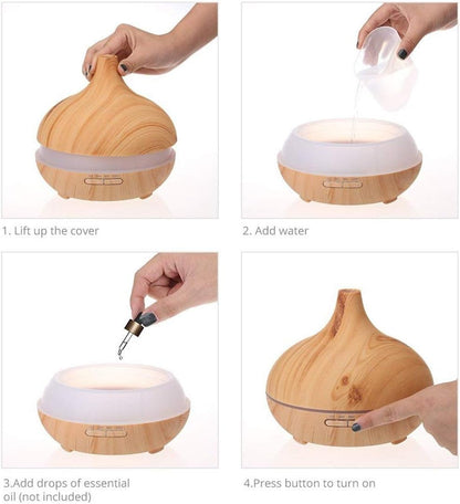 Aroma Essential Oil Diffuser – 500ML Wood Grain Ultrasonic Humidifier with Color-Changing LED Lights, 4 Timer Settings & Remote Control (Brown)